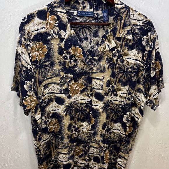 Karen Scott Tops - Karen Scott Classic Hawaiian Tropical Floral Navy & Brown Button Down Shirt XL